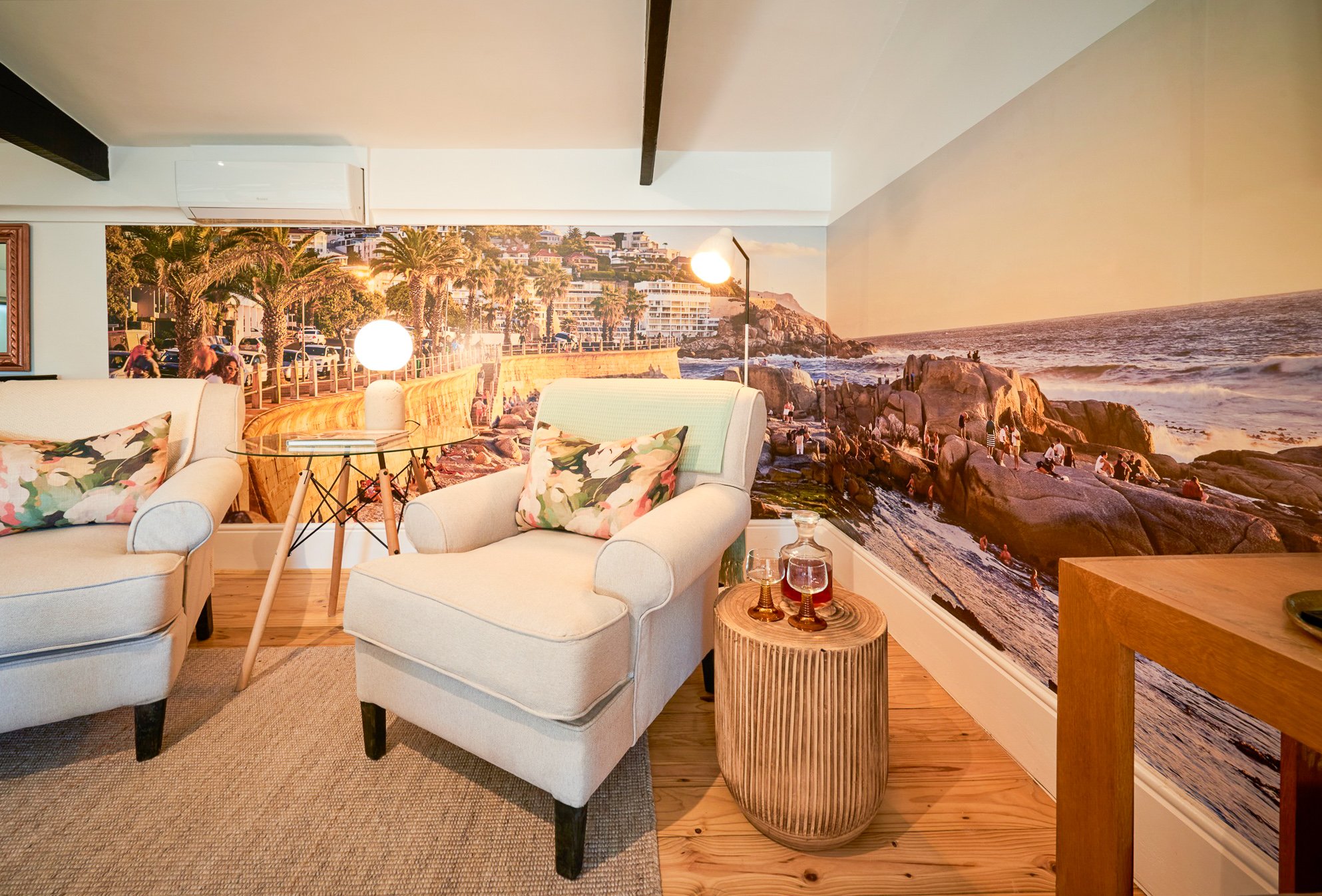 Timber & Tide living area, wrapped in the Saunders Rock mural