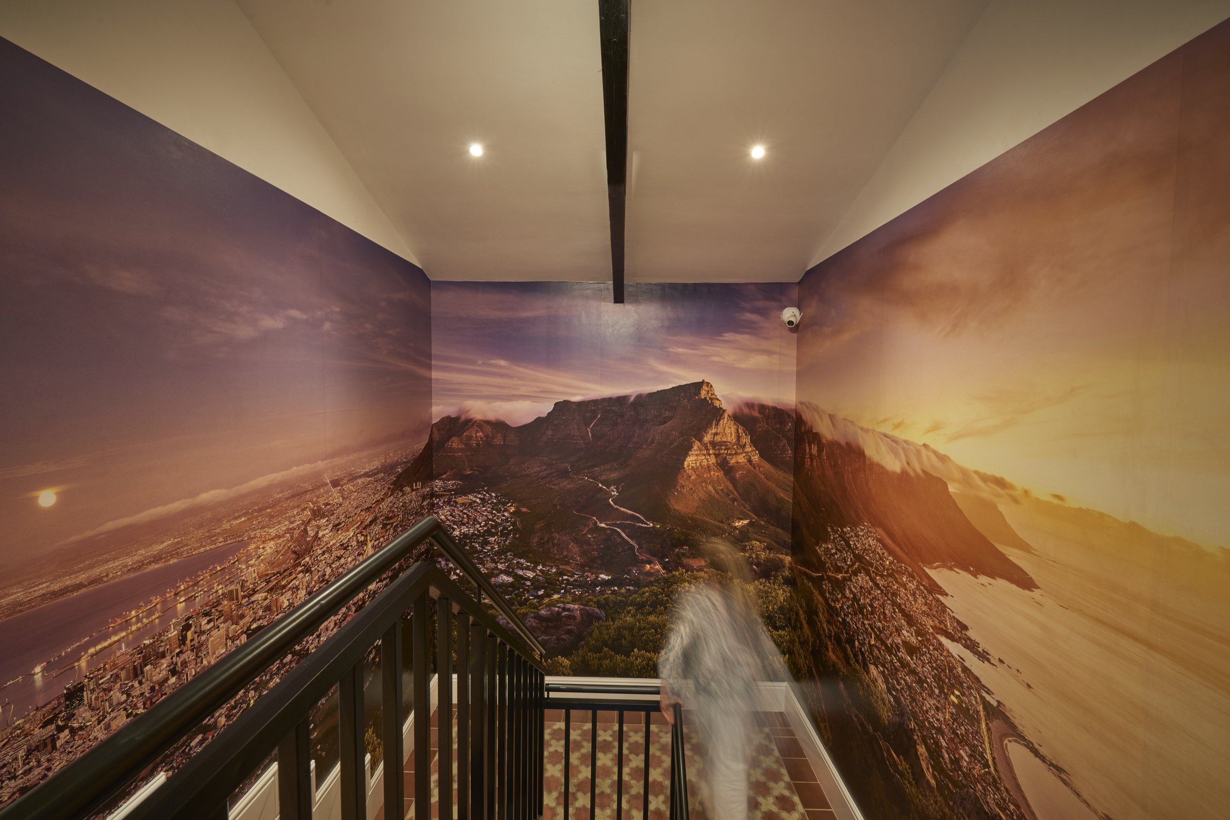 The stairwell at The 1878, wrapped wall to wall in a Table Mountain mural